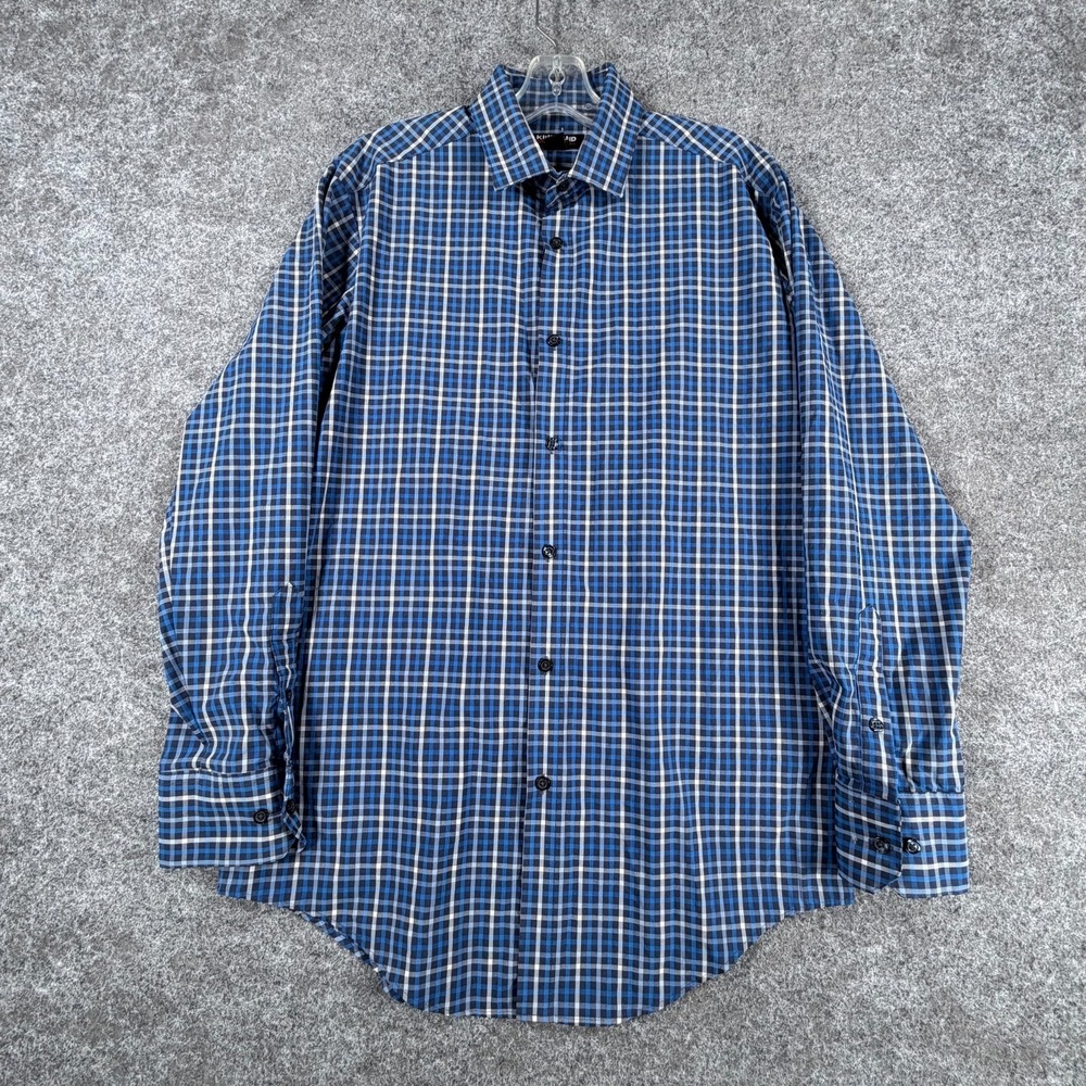Kirkland Signature Dress Shirt Men M 15.5-32/33 Blue Check Wrinkle Free Non Iron